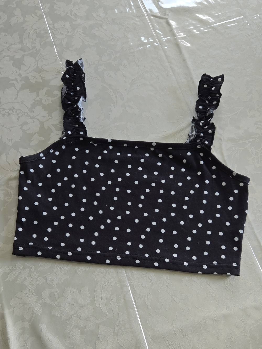 ROMWE Black & White Polka Dot Ruffle Strap Crop Camisole
